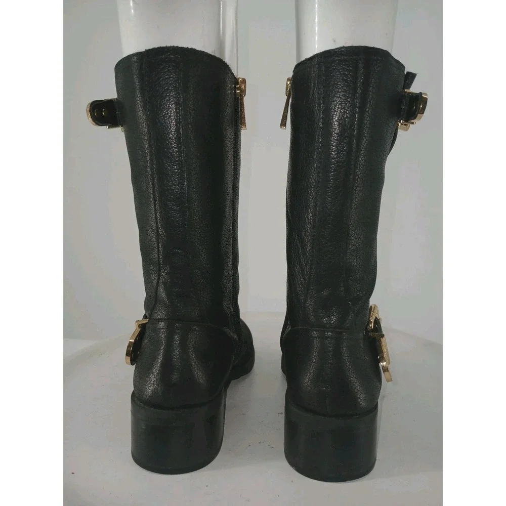 Vince Camuto Black Leather Moto Boots Womens Size 7.5M Gold Buckles C124